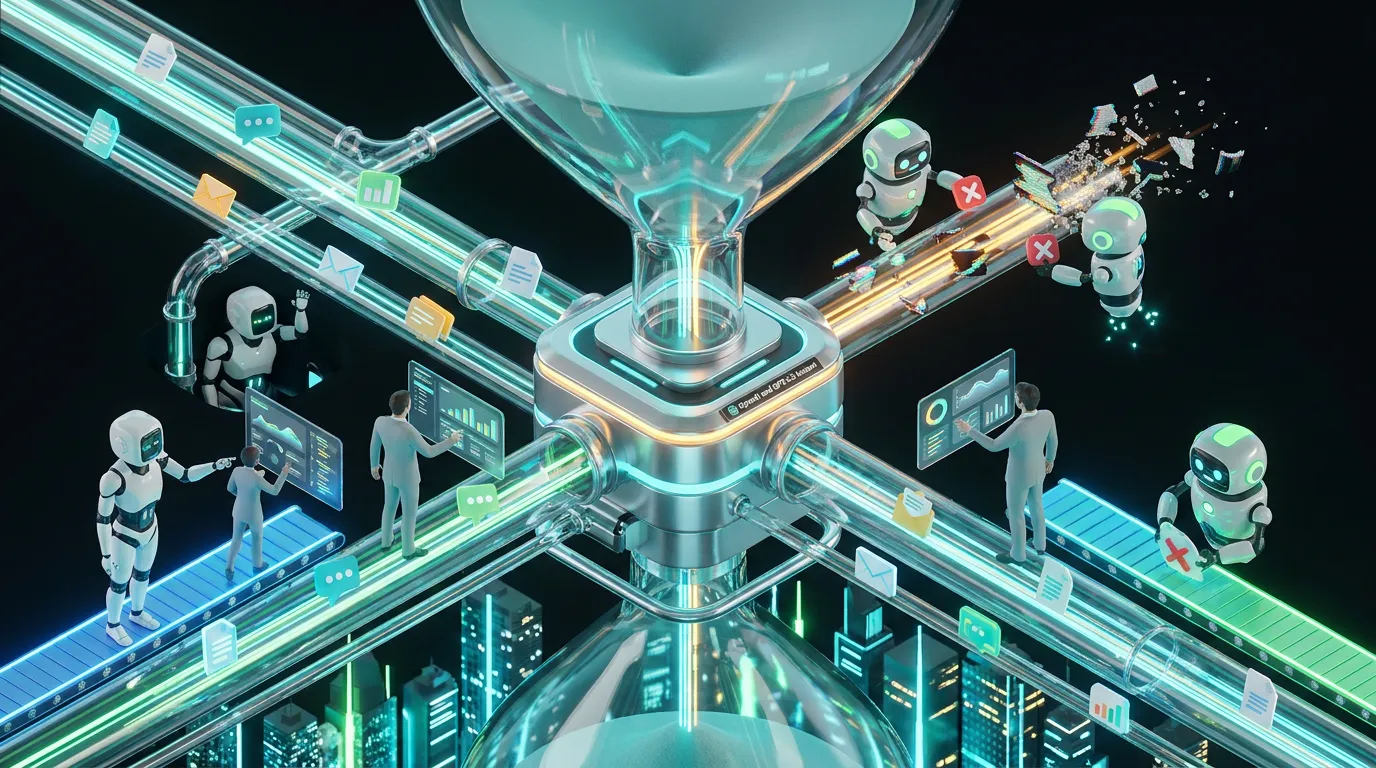 Futuristic OpenAI workflow city with GPT-5.5 Instant speeding documents through glowing systems with fewer AI glitches