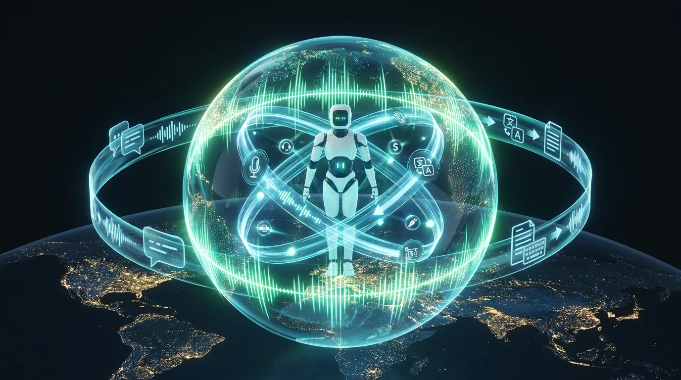 Futuristic AI voice sphere translating, transcribing, and routing global conversations through glowing operational realtime pathways