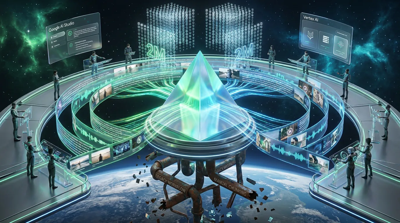Futuristic Google Gemini prism unifies text image audio and video into one vibrant automated workflow universe