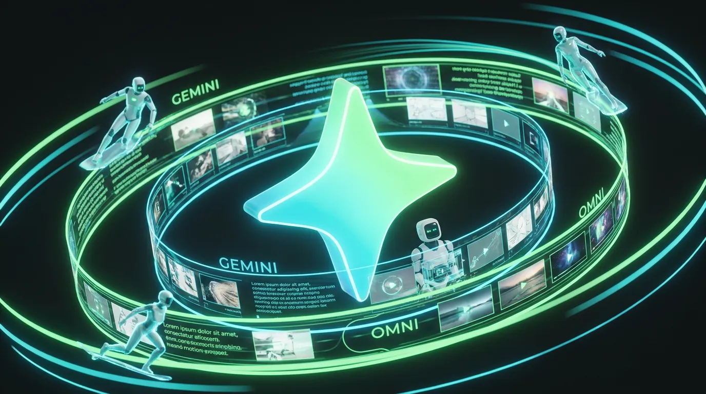 Futuristic Gemini assistant nexus turns ideas into flowing video campaigns above a vibrant surreal creative city