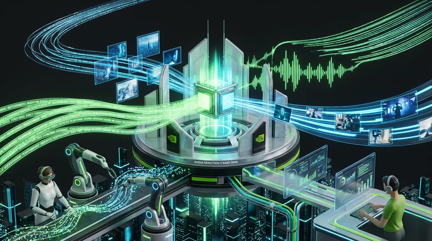 Futuristic NVIDIA Nemotron core unifies text image audio and video into vibrant automated workflow streams above city