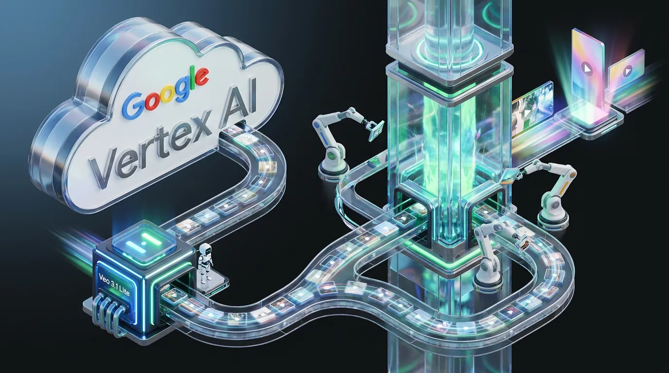 Futuristic cloud factory shows Google Veo 3.1 Lite generating scalable videos through Vertex AI upscaling pipeline