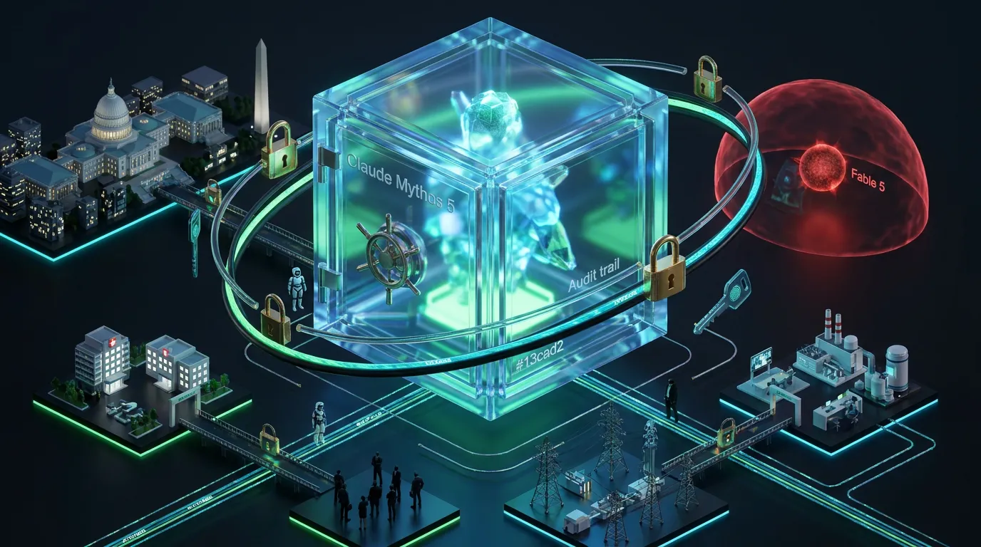 Anthropic Claude Mythos 5 vault guarded by compliance locks above connected U.S. institutional islands nighttime