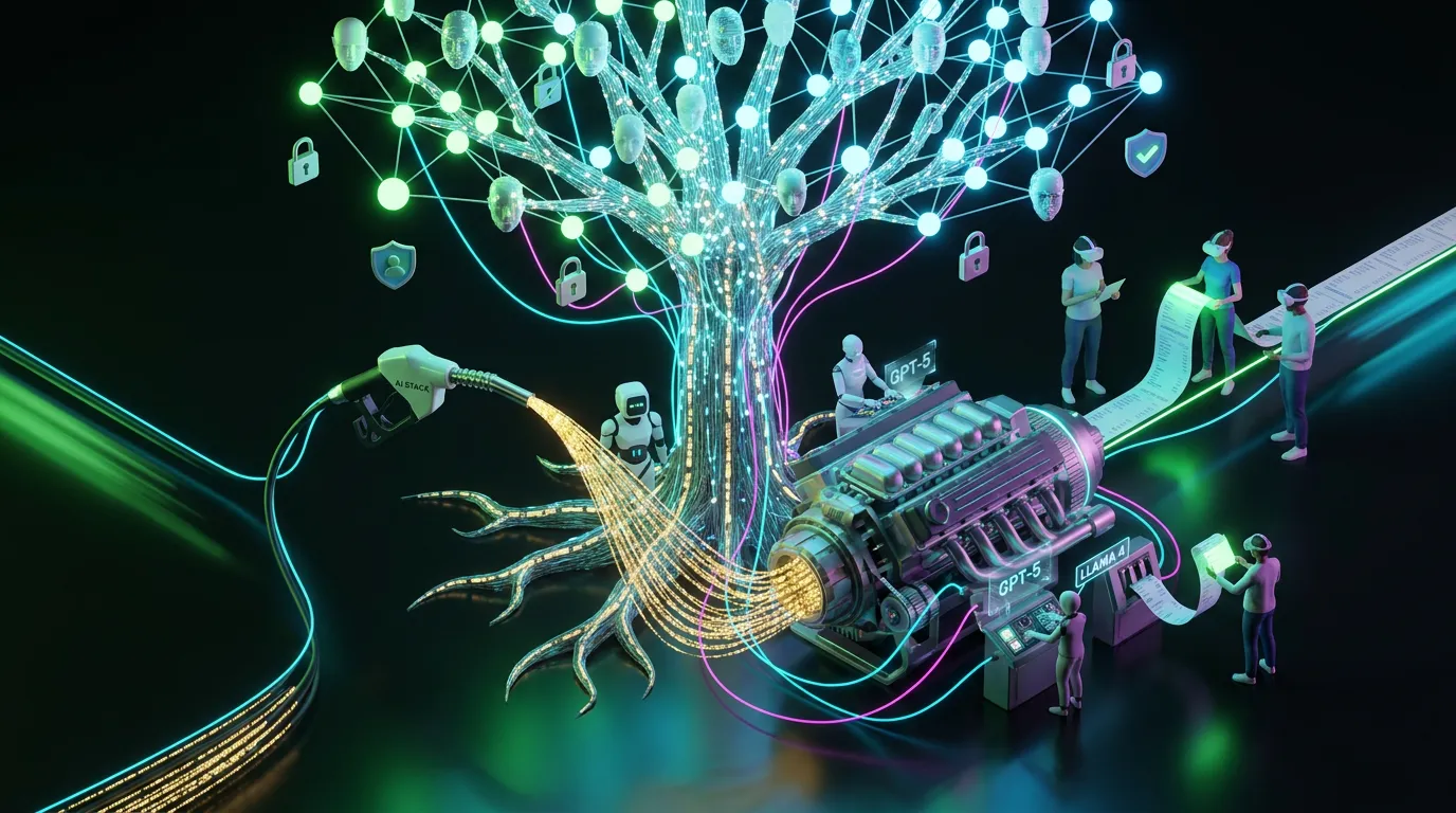audience-graph-ai-automation-marketing Luminous audience graph tree feeding engine with GPT-5 and Llama 4 agents and human moderators