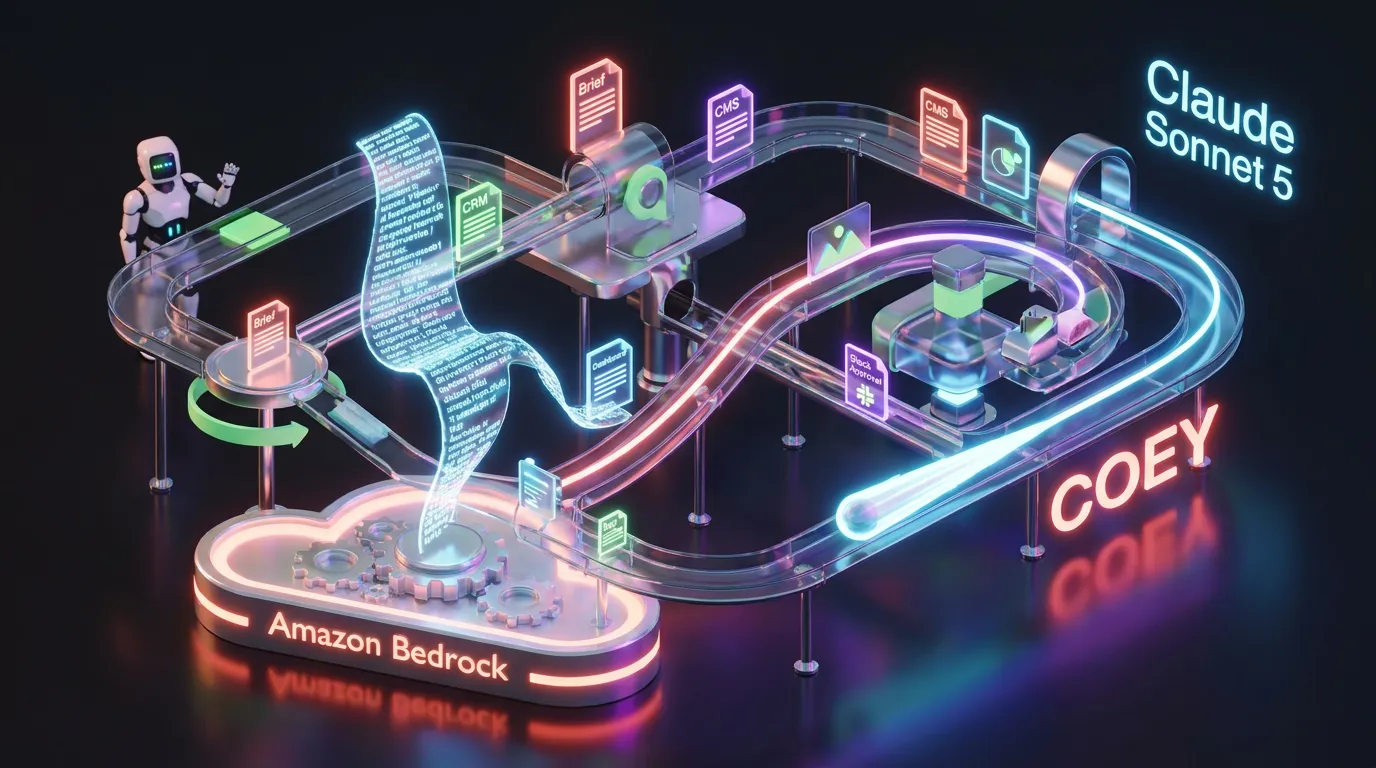 Claude Sonnet 5 conducts glowing marketing workflows above Amazon Bedrock with COEY creative spark