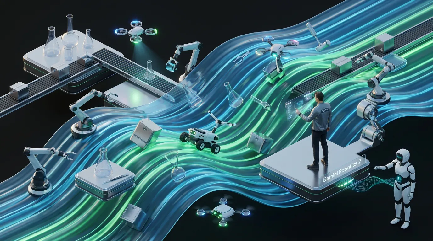Gemini Robotics 2 coordinates adaptive robots through a surreal warehouse lab under human supervision
