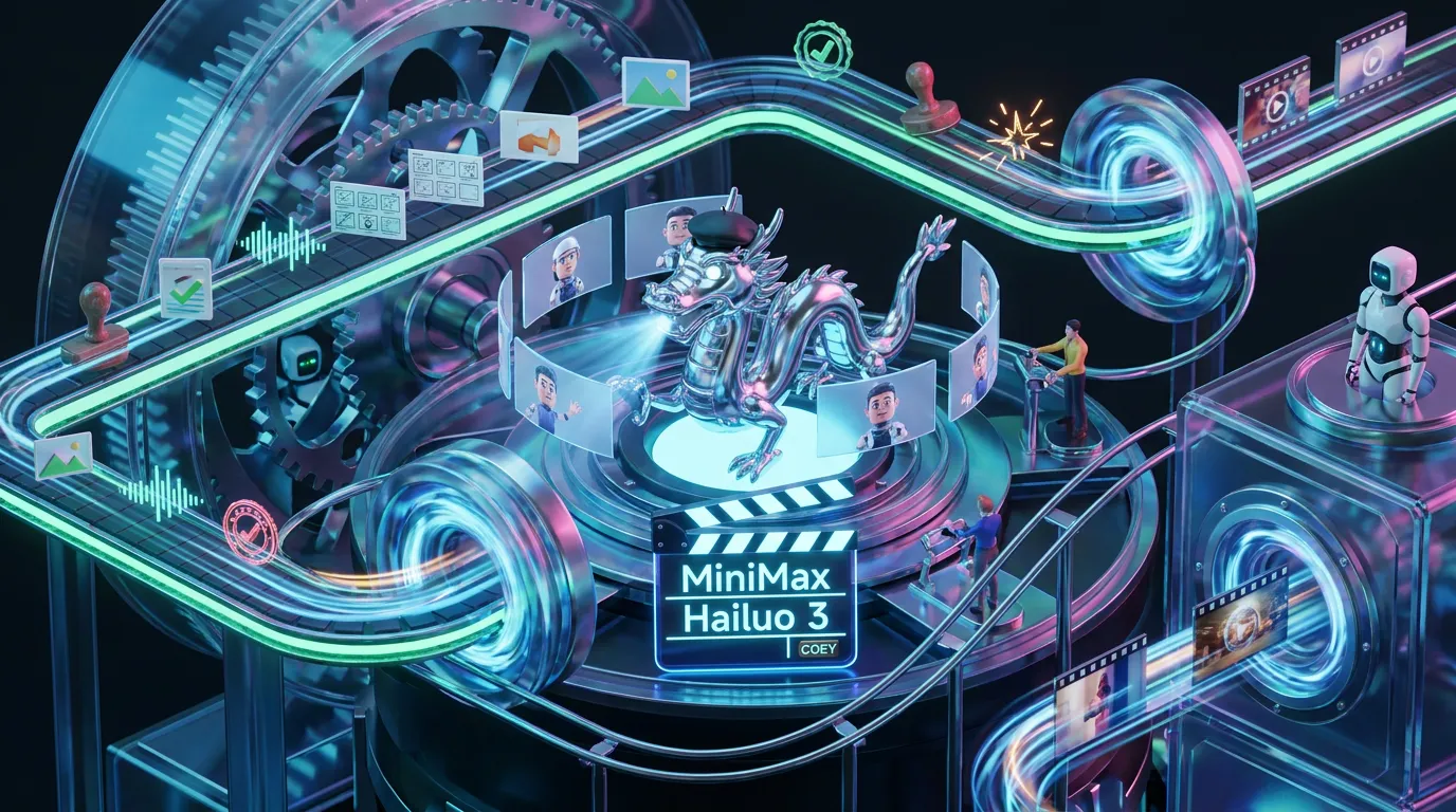 Chrome AI dragon directs MiniMax Hailuo 3 workflow factory producing cinematic campaign videos for COEY