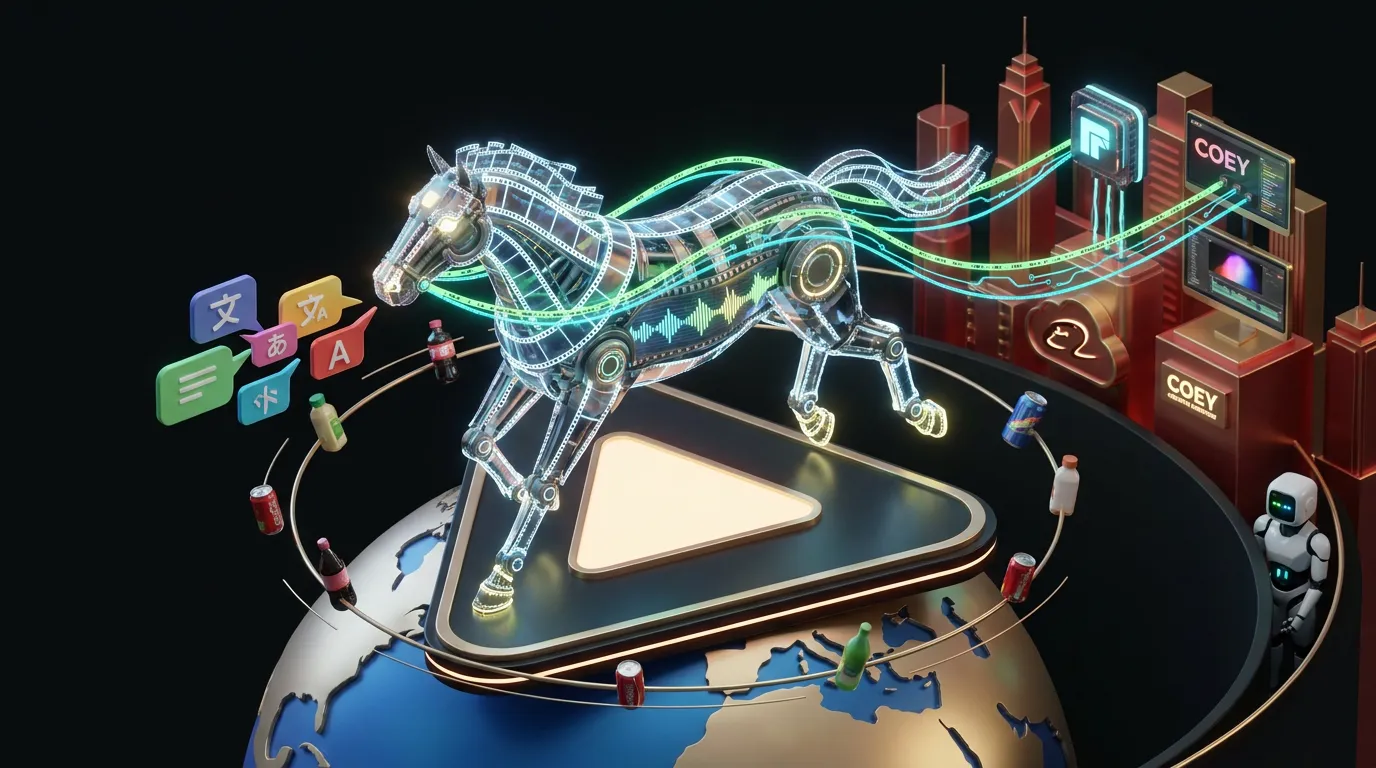 HappyHorse-AI-Video-Speaks-Globally Mechanical HappyHorse gallops through multilingual audio waves above Alibaba Replicate and COEY creative systems