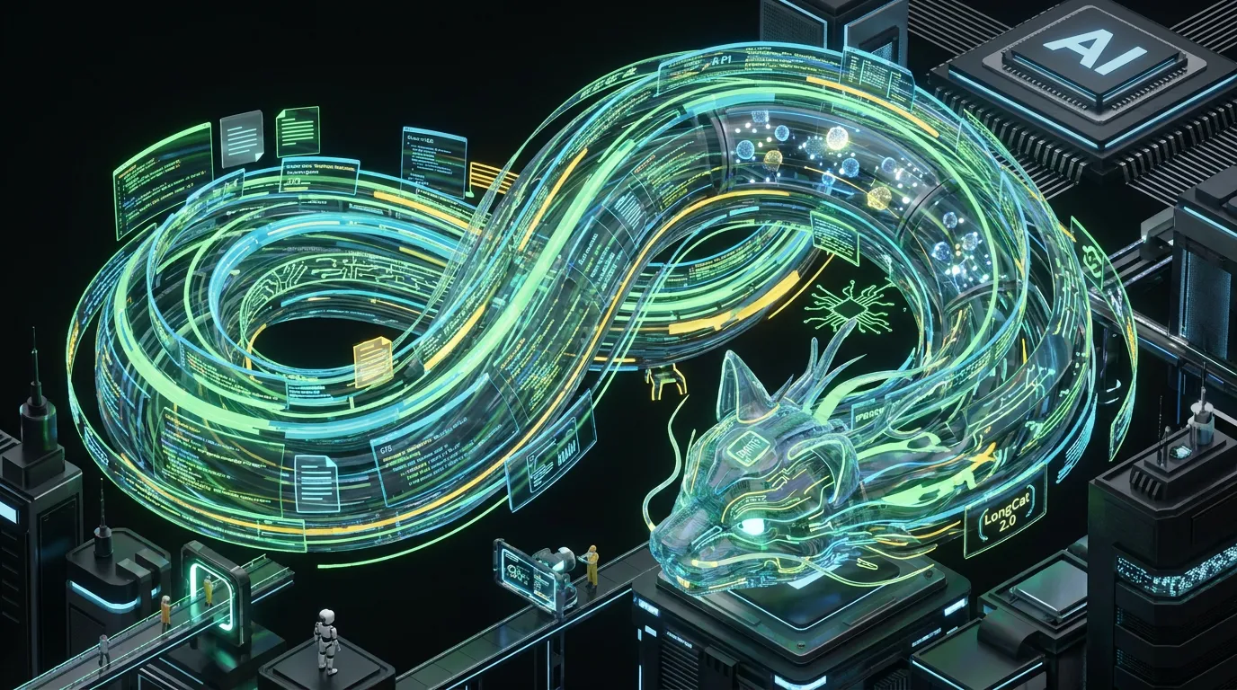 Giant cybernetic LongCat 2.0 winds through glowing workflows, code archives, chips, and Meituan accents dramatically
