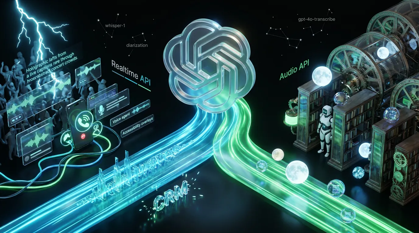 OpenAI audio river splits into live captions and batch transcription archives under glowing APIs sky