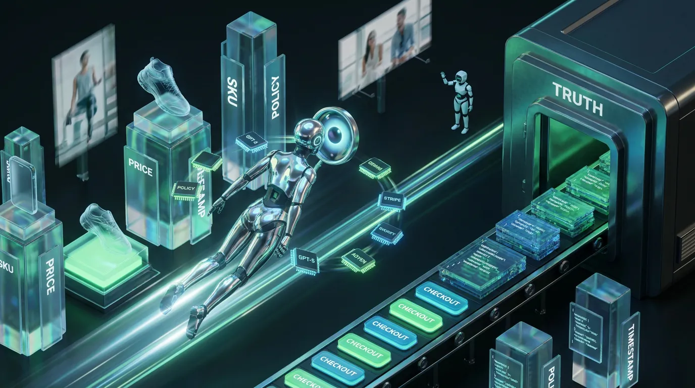 Chrome AI agent scanning glowing SKU city with floating GPT-5 Gemini and payment chips orbiting