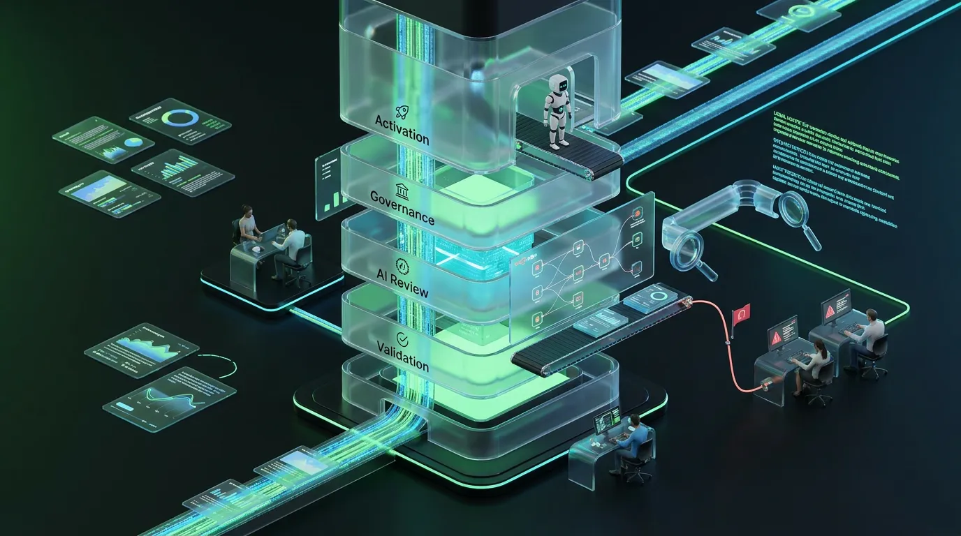 Futuristic workflow tower showing layered ad QA, humans and AI routing flagged assets to reviewers