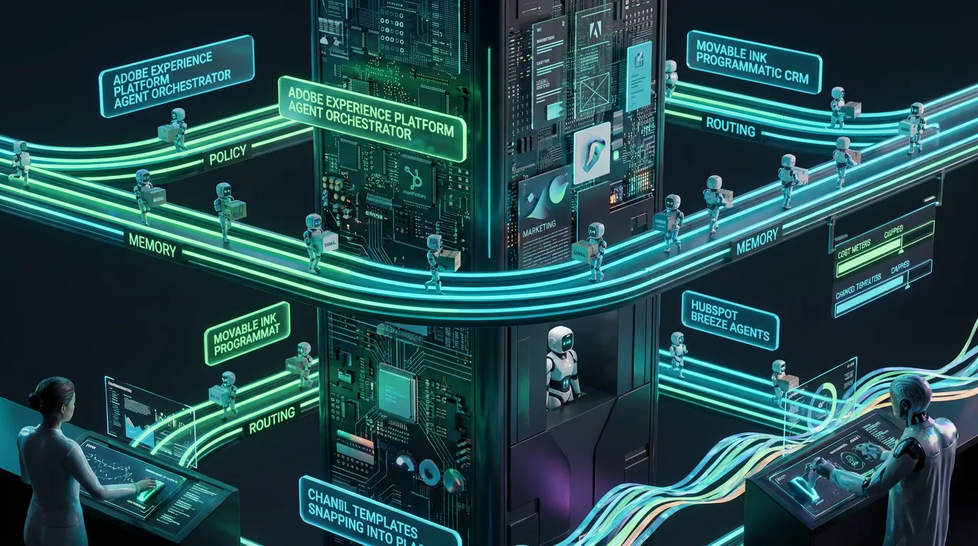 ai-marketing-guardrails-decision-systems Futuristic control tower guiding bots along neon policy rails with holographic Adobe Movable Ink HubSpot
