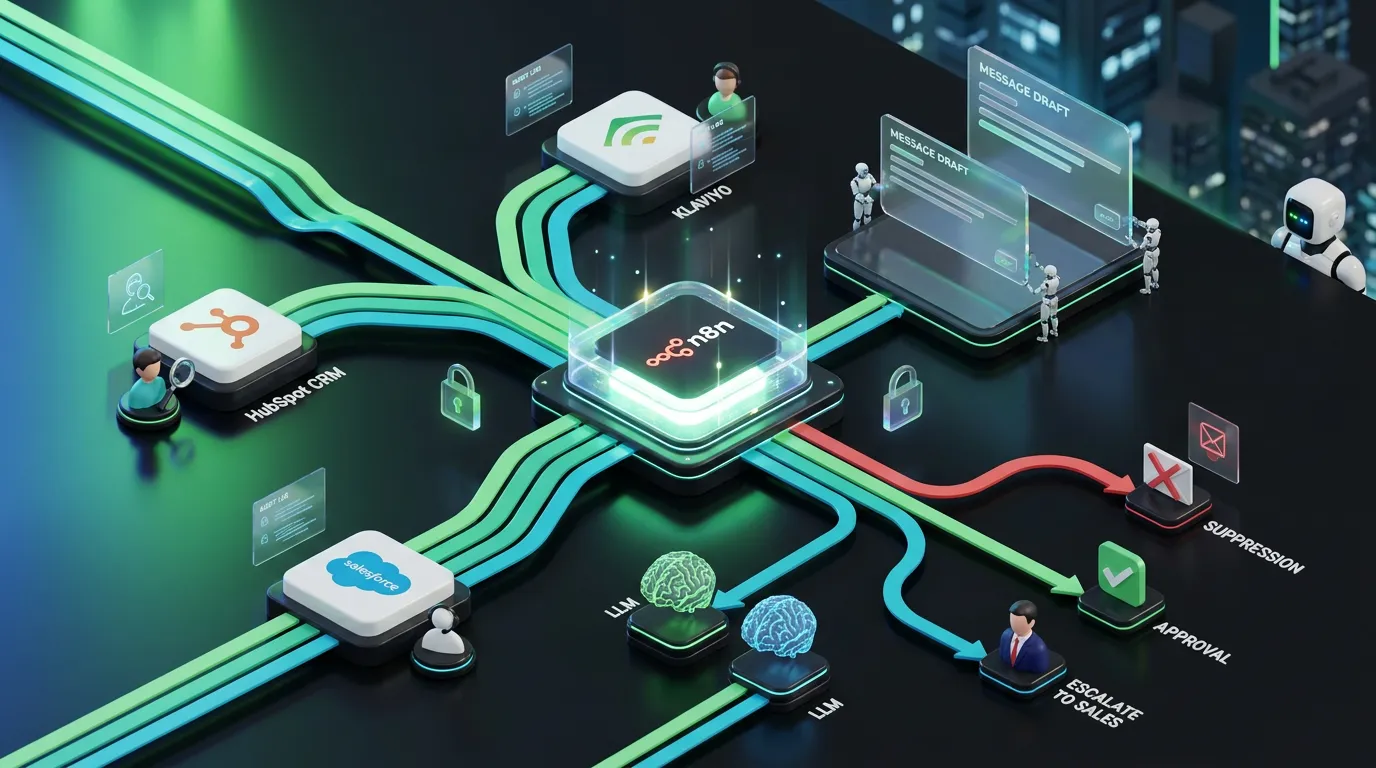 Futuristic hub labeled n8n routing colorful data ribbons to CRM nodes with humans approving outreach
