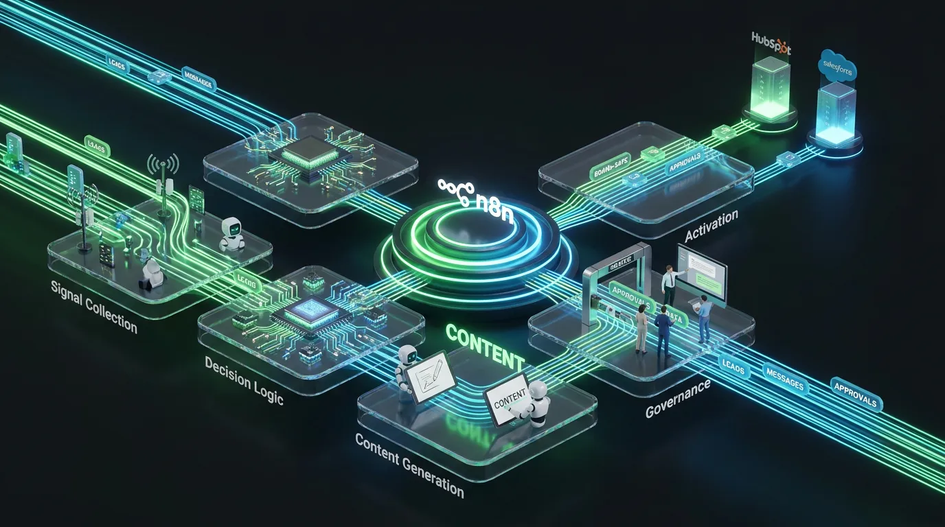 Isometric pipeline islands with human reviewers glowing n8n hub HubSpot and Salesforce towers sending messages