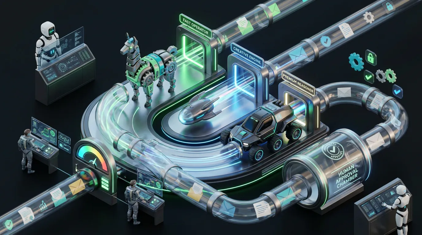 Vibrant control carousel routing model creatures through glowing pipelines with validators, cost meters, human gatekeepers