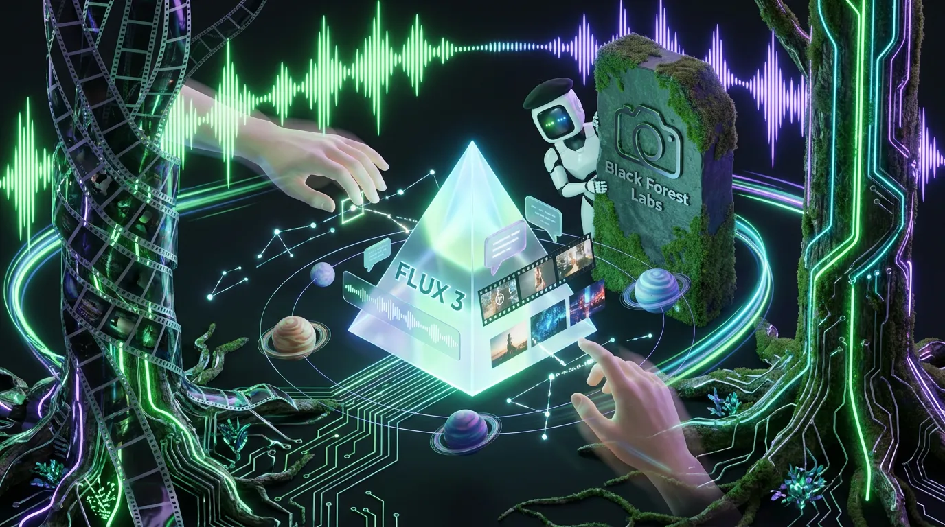Surreal black forest prism projects FLUX 3 video, audio, keyframes and campaign worlds for marketers