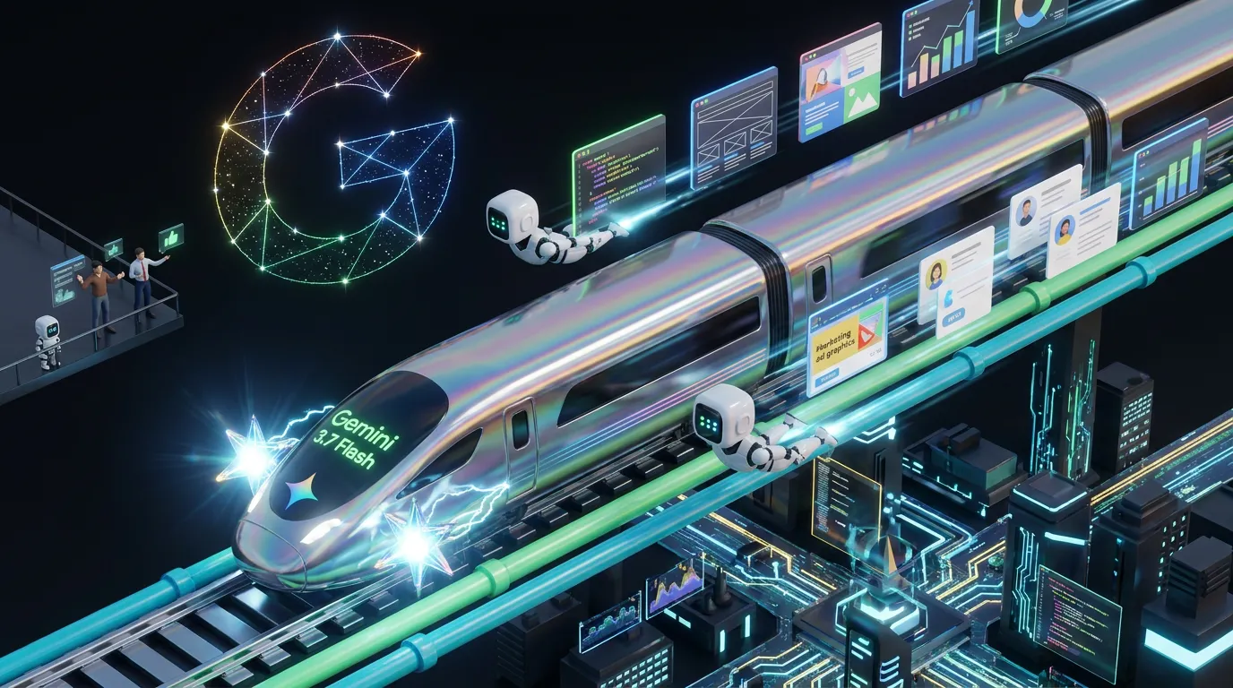 Gemini-Flash-AI-Automation-Workflows Google Gemini 3.7 Flash lightning train powers automated marketing workflows through a neon futuristic city