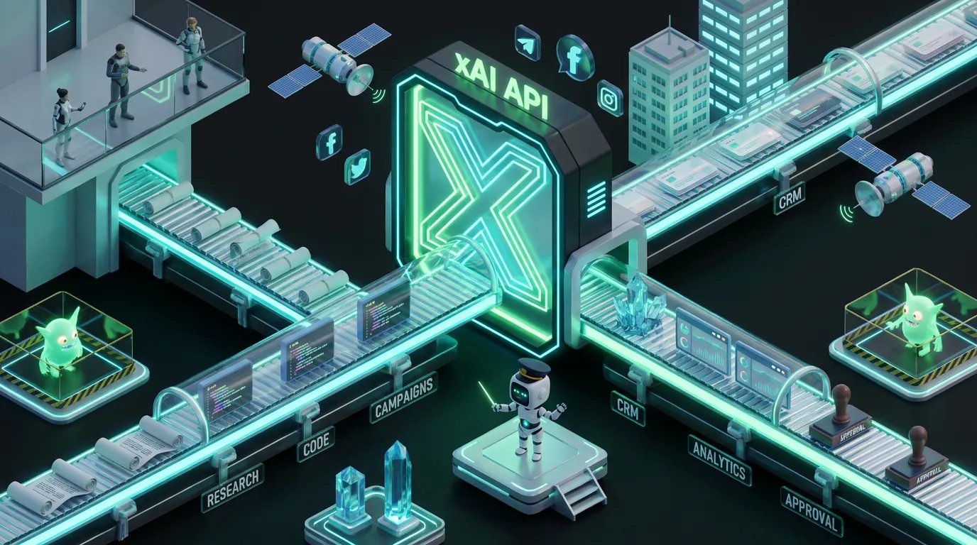 Grok-Agents-Real-Work Grok 4.6 robot orchestrates AI agents through xAI API portal for real business workflows automation