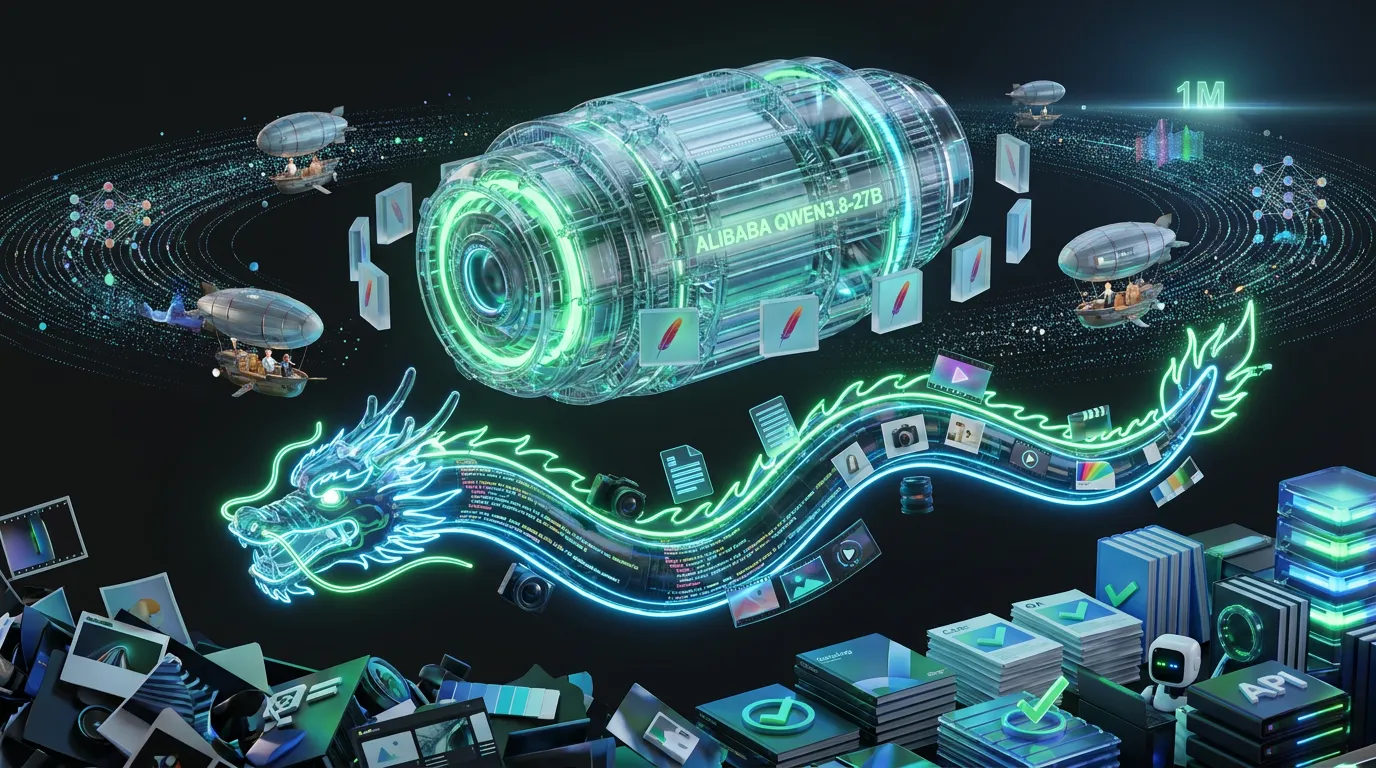 Qwen-Open-Multimodal-Model-Test Alibaba Qwen3.8-27B as a futuristic multimodal engine organizing creative assets into governed automation pipelines workflows