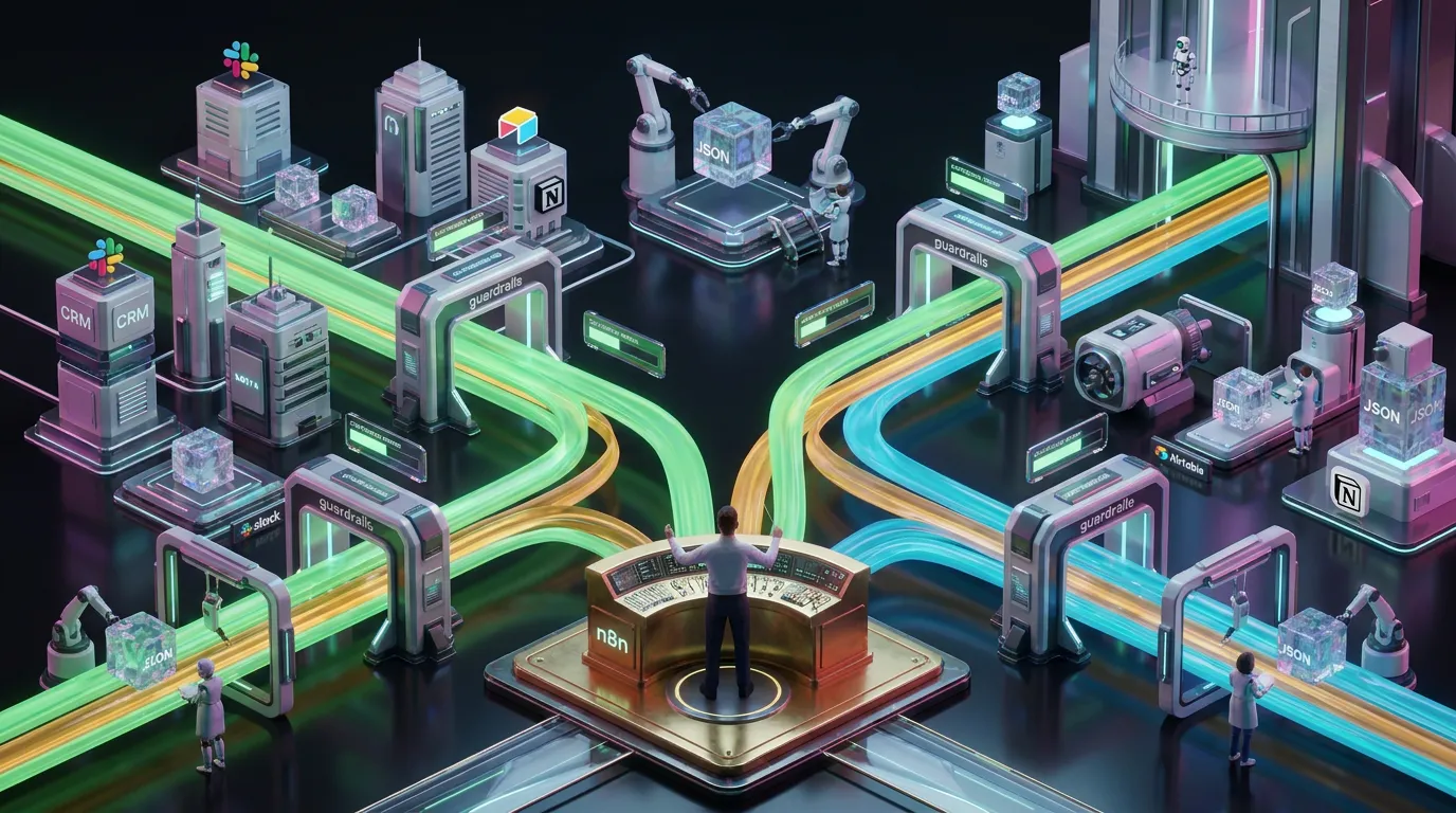 Human conductor at n8n console directing glowing data ribbons through guardrails and approval checkpoints journeys