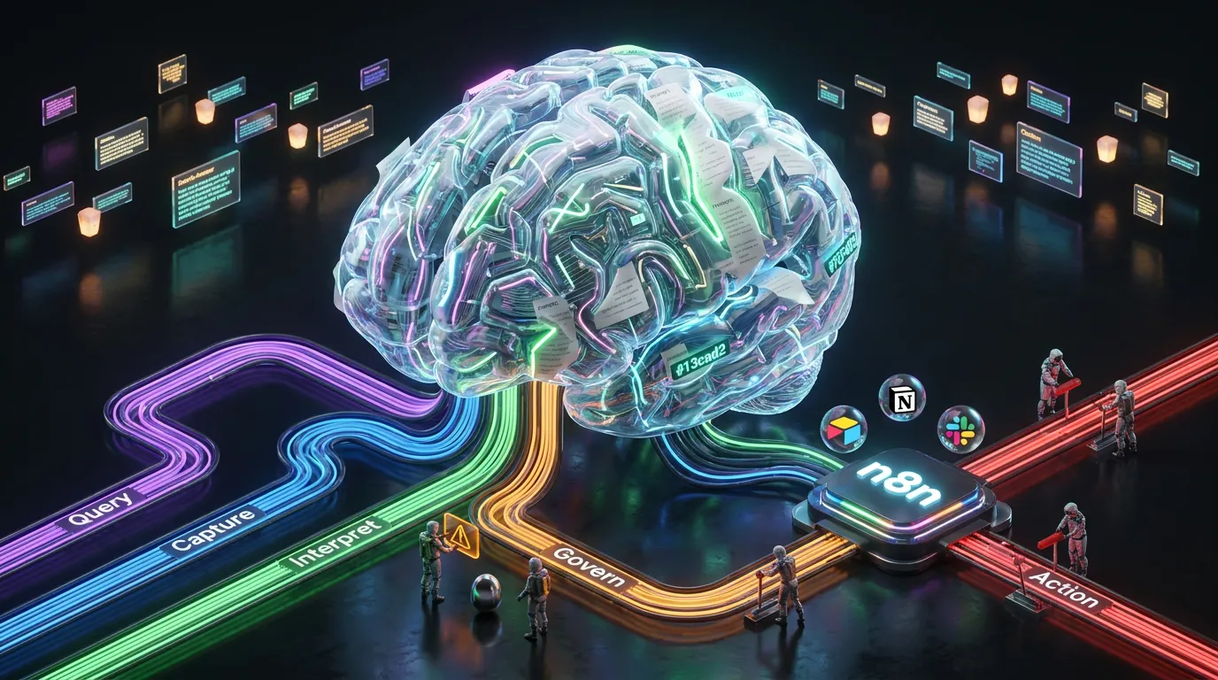 Translucent circuitry brain feeds color-coded pipelines into n8n hub while tiny humans review amber alerts