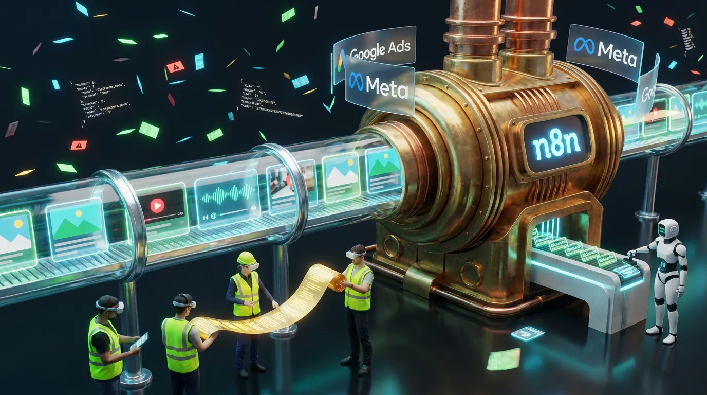 Futuristic assembly line stamping disclosure tags on ads with AI curator and human reviewers overseeing