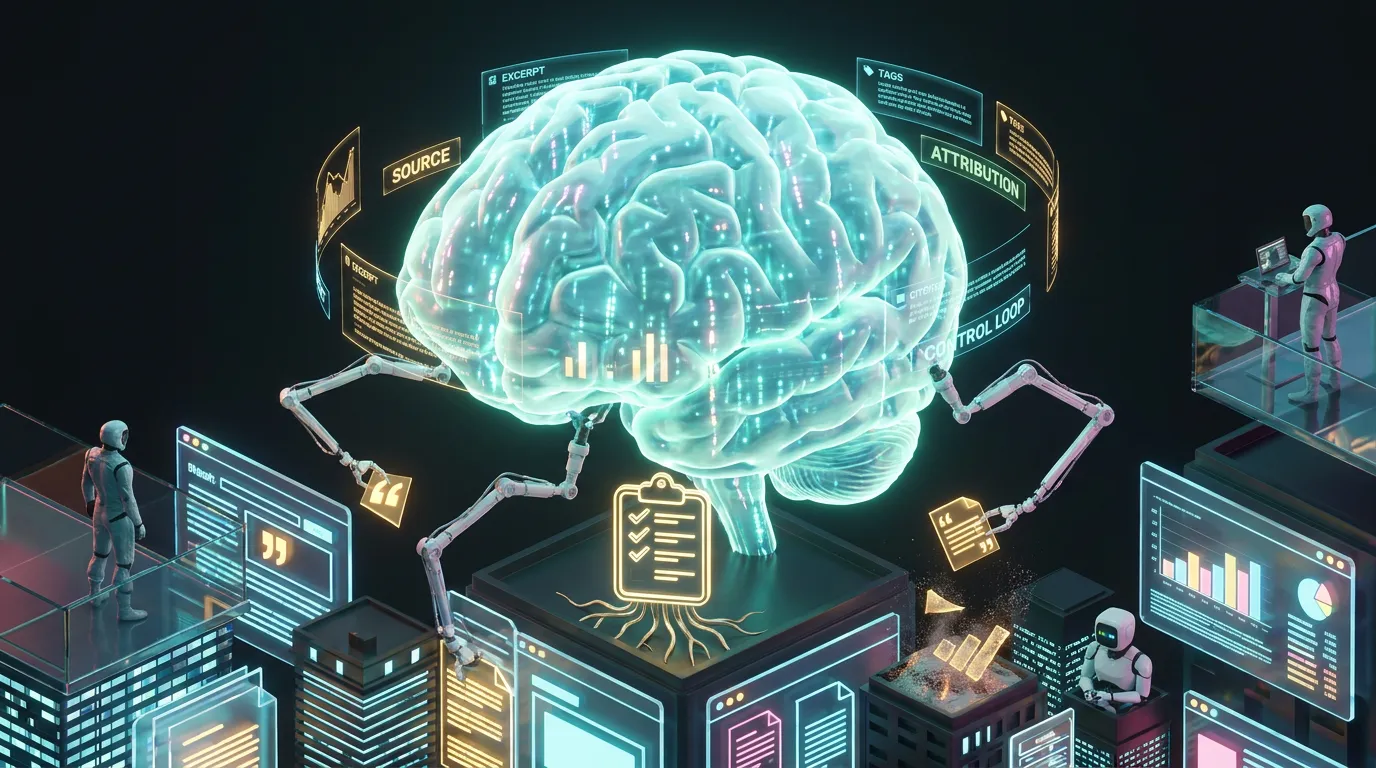 Translucent AI brain harvesting glowing quotes from webpages as editors guide robotic arms, analytics fade