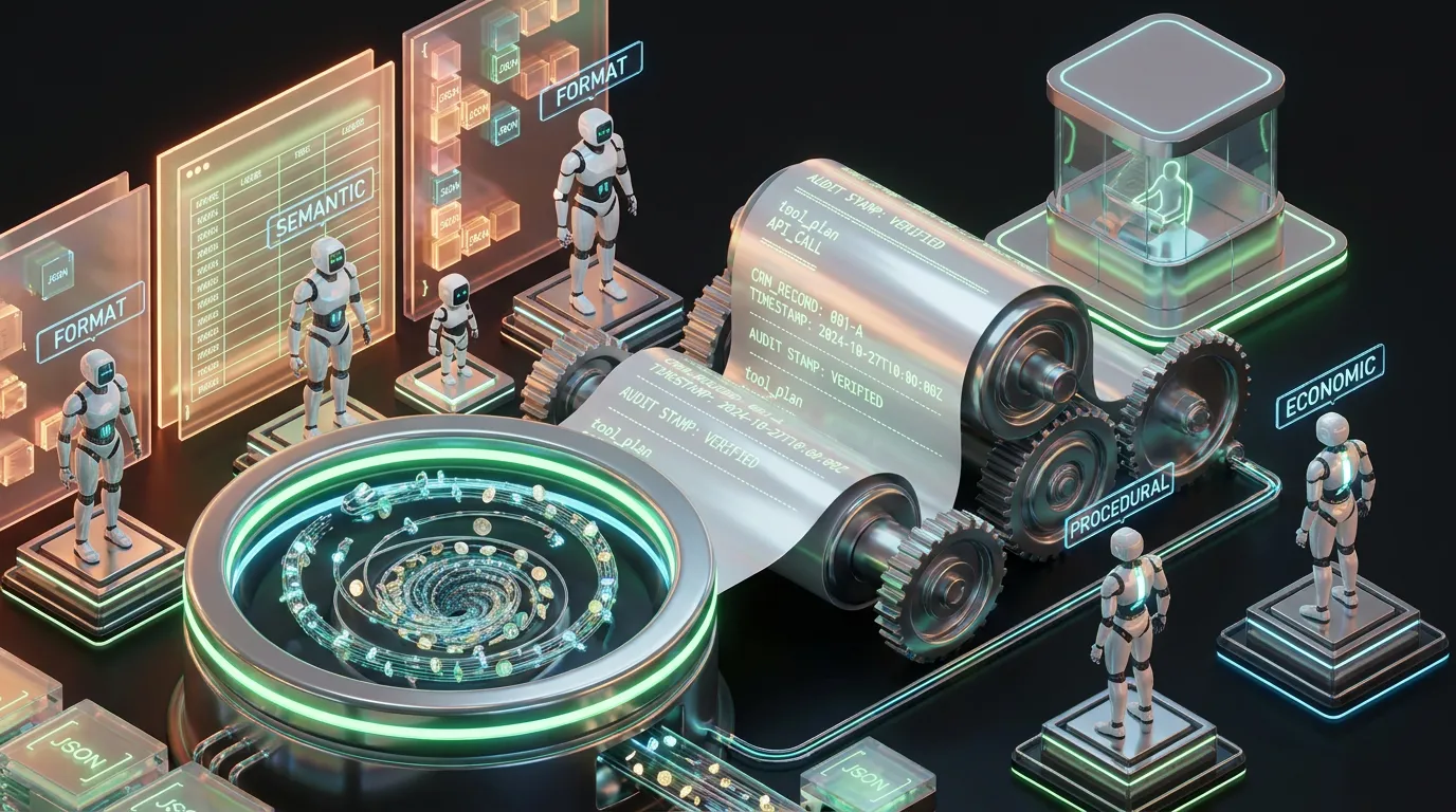 Giant receipt scroll winding through gears, four robotic QA sentinels inspecting glowing JSON blocks, watchtower
