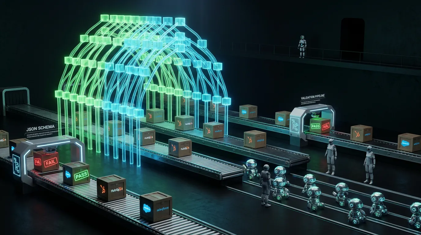 Futuristic automation factory with glowing JSON tree, validators stamping pass fail, HubSpot and Salesforce icons
