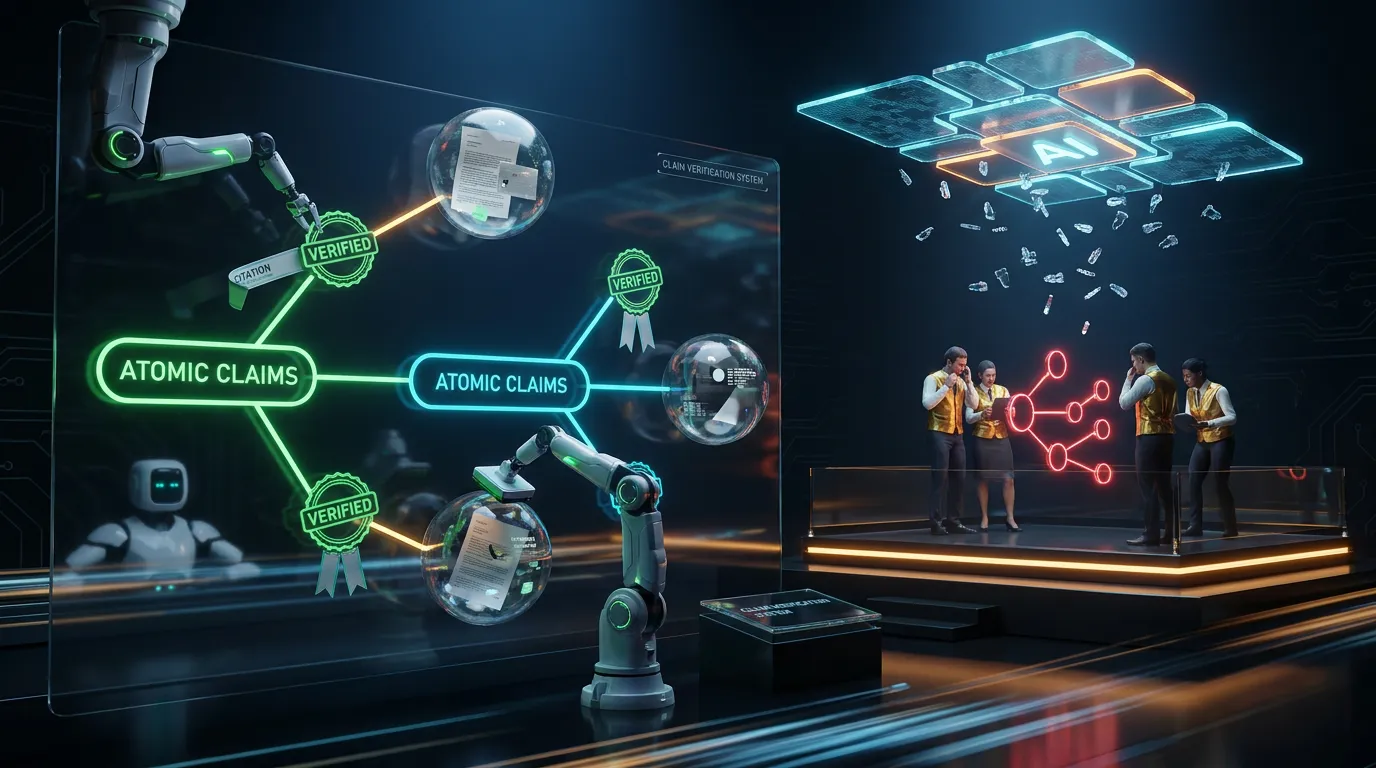 Futuristic claim-graph control room with glowing nodes, citation orbs, human reviewers overseeing, stamping verified seals